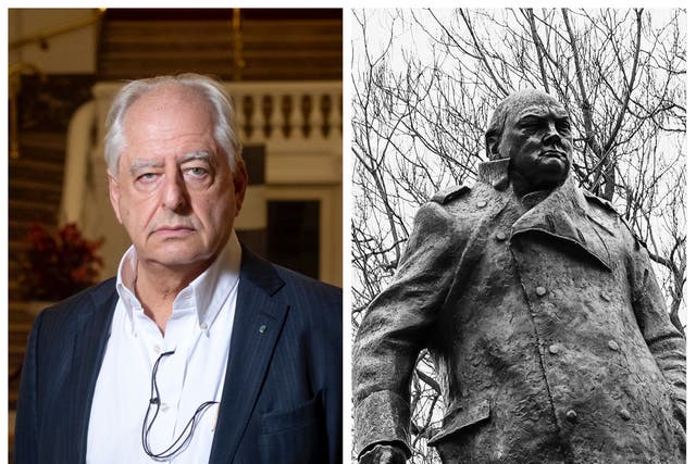 <p>William Kentridge and statue of Winston Churchill</p>
